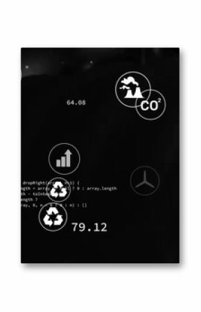 Displaying floating environmental data icons on virtual dashboard, with metrics and code snippets
