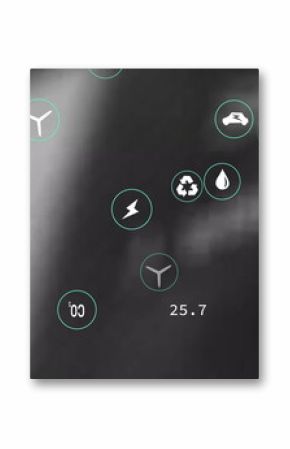 Floating icons in interface, showing lightning bolt, wind turbine, recycling with data labels