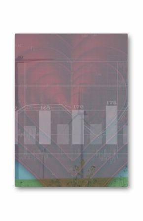 Displaying translucent heart over grassy field with wind turbines showing bar chart and line graph