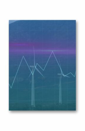Spinning four wind turbines on green plain at mountains, with digital grid graph showing 73