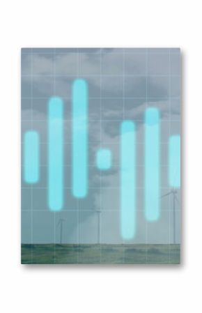 Displaying turquoise vertical bars rising over rural grassland wind farm, with grid and turbines