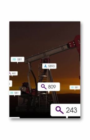 Standing oil pump jack displaying floating search, message and user icons on flat plain at sunset