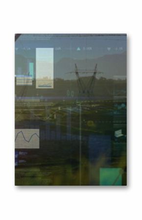 Floating overlays highlighting steel lattice tower, power lines in sunset field, with graphs