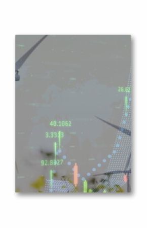 Spinning wind turbine rotating blades at rural wind farm, with neon finance data overlays