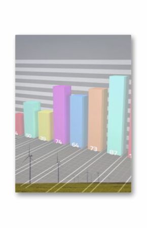 Displaying transparent 3D bar chart overlaying wind farm plain, with colorful bars and grid lines