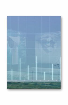 White wind turbines spinning on grass plain, with bar graph, grid overlay and interface screens