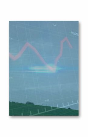 Wind turbine standing on hillside with digital grid, axis ticks, data, red line chart, copy space