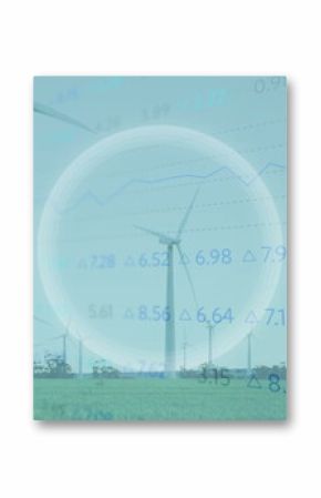 Highlighting central wind turbine under zoom overlay on rural grass plain with data and line chart