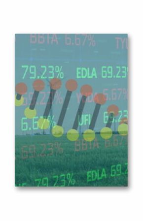 Displaying stock chart overlay highlighting data points and bars over farmland with turbines, silo