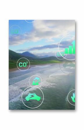 Showing green eco icons floating above coastal bay, with CO?, water, energy, vehicle, growth