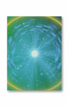 Glowing orb emitting radial beams across concentric rings in digital space, with light particles
