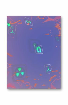 Green upward arrow hovering in digital space, with recycle cloud and network of energy icons