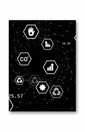 Showing code and values over dark grid with hexagonal icons depicting recycling CO2 and other stats
