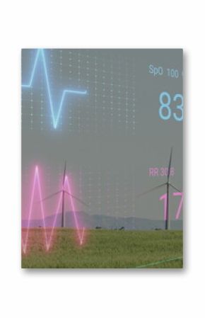 Overlay hovering above wind farm, with turbines, waveform graphs, grid, numeric displays 83,17