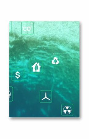 Displaying icons over green backdrop with recycling, wind turbine and energy symbols