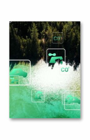 Aerial infographic icons floating over forested lakeshore, with CO2 faucet and sapling symbols