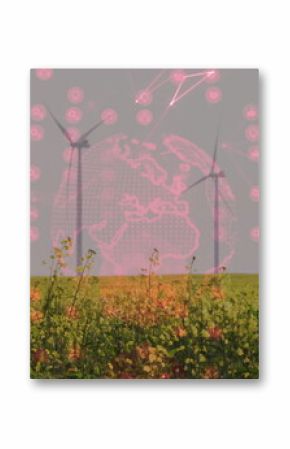 Displaying wind turbines rising over yellow field in countryside, with digital network overlay
