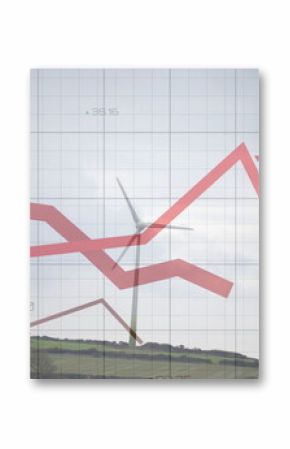 Showing lone wind turbine rotating on grassy hillside, with red line graph, grid and numeric labels