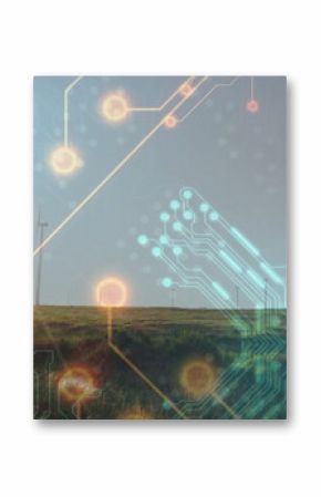 Showing single wind turbine rising above grassy plain with glowing nodes and circuit lines overlay