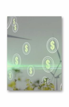 Wind turbine standing in yellow flowers in field, floating green dollar icons, neon light streak
