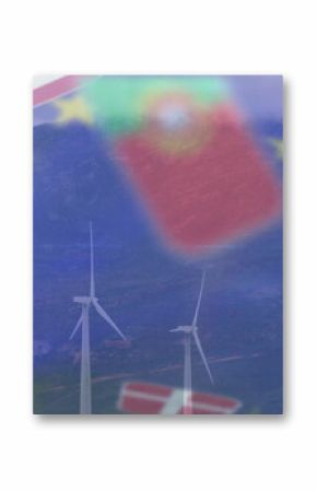 Rotating three wind turbines on hills under misty ridge, with EU stars, US China Denmark flags