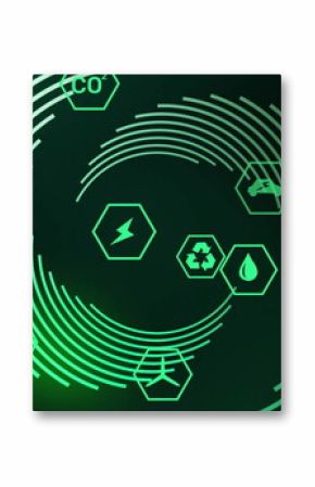 Displaying central green rings rotating on dark interface, with hex icons showing sustainability