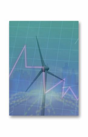 Three blade wind turbine spinning against city skyline, with grid overlay, magenta line graph arrow