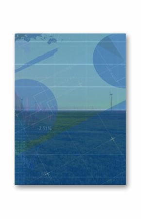 Generating power, white wind turbine spinning over farmland, with data overlays and cargo vessel