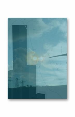 Highlighting wind turbine standing on grassy hill edge, with transmission towers, data graphs
