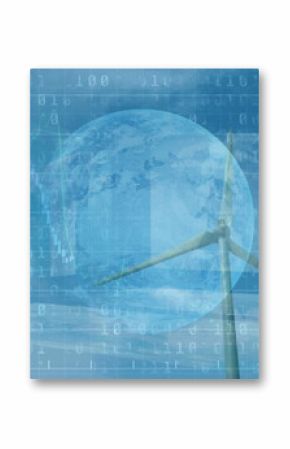 Displaying wind turbine with blade angling upward in blue sky, featuring Earth globe binary code