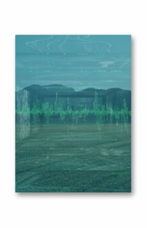 Landscape displaying overlay over valley farm, with wind turbine green waveform numeric overlays