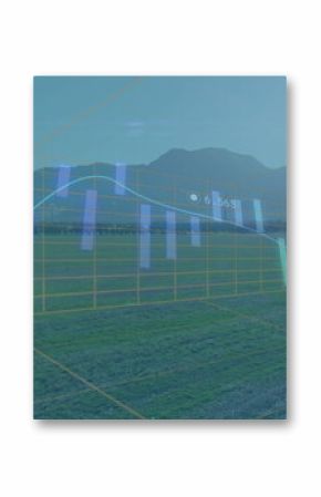 Showing 3D chart overlaying field with wind turbines, candlesticks, line graph, numeric labels