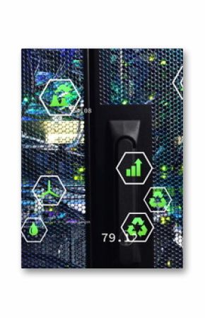 Displaying server rack door revealing switches in data center showing hexagon energy and code icons
