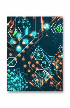 Showing circuit flashing on screen with teal traces, hex icons for footprint, leaf, CO? and energy