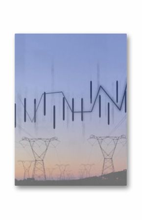 Transmission towers and power lines crossing hillside at dusk, overlaying digital candlestick chart