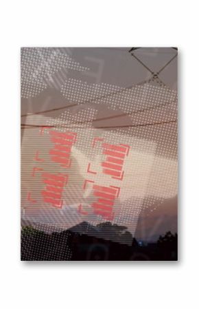 Featuring transmission tower fanning power lines over dusk sky, with overlay graphics, copy space