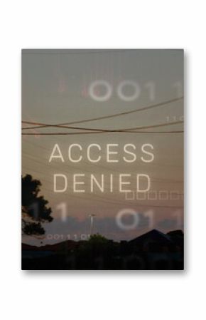 Displaying ACCESS DENIED overlay above suburban skyline at dusk, with utility poles and binary code