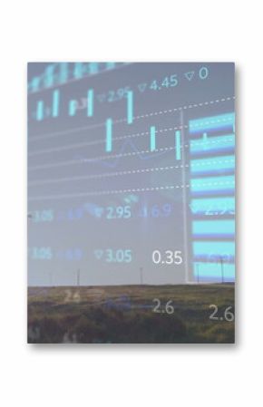 Displaying candlestick and bar charts overlaying grassland wind farm turbines and numeric data