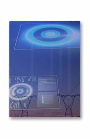 Displaying steel tower rising and power lines stretching hillside at dusk, with holographic charts