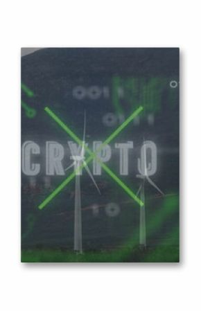 Showing three wind turbines rising on grassy plateau beneath mountain, with crypto circuit overlay
