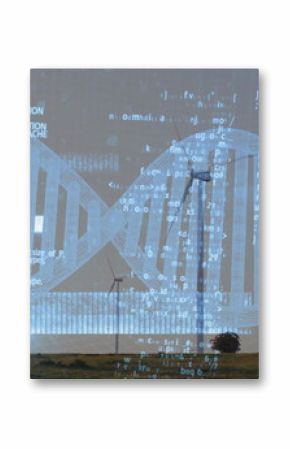 Floating semi-transparent DNA double helix cascading over grassy field at dusk, with wind turbines