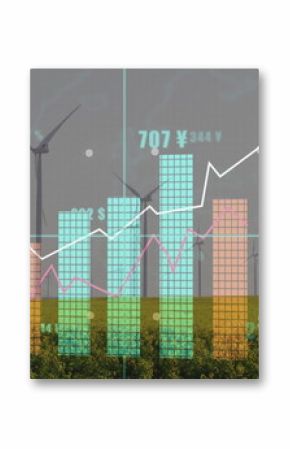 Displaying data visualization over farmland wind turbines, featuring teal bars and pink trend lines