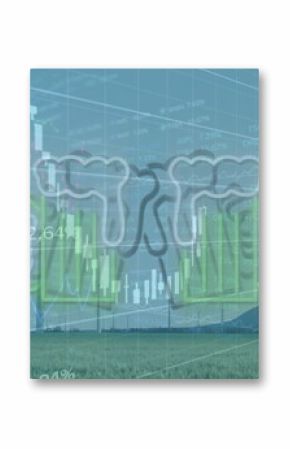 Stylized beer mugs icon clinking in grassy wind farm plain, with candlestick chart overlays