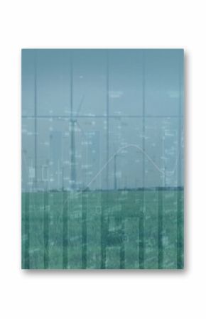 Displaying white wind turbines rotating on grassy field with distant hill, showing financial charts