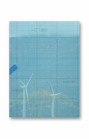 Displaying central white wind turbine standing on foggy hillside, with grid overlay and line graphs