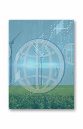 Projecting data charts and globe network icons onto green crop field around central wind turbine