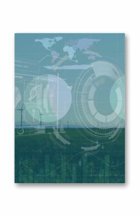 Displaying wind turbines overlaying circular HUD graphics and bar charts on farmland, with metrics