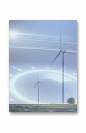 Spinning large wind turbine generating clean energy at rural wind farm, with digital UI overlays