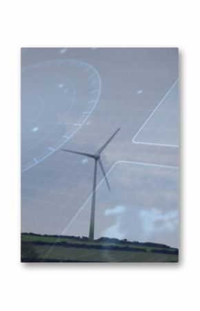 Solitary wind turbine rotating blades on grassy hill, with hedgerows, trees, digital HUD overlays