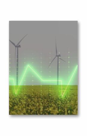 Monitoring central wind turbine rotating over yellow crop at wind farm, with green ECG grid overlay